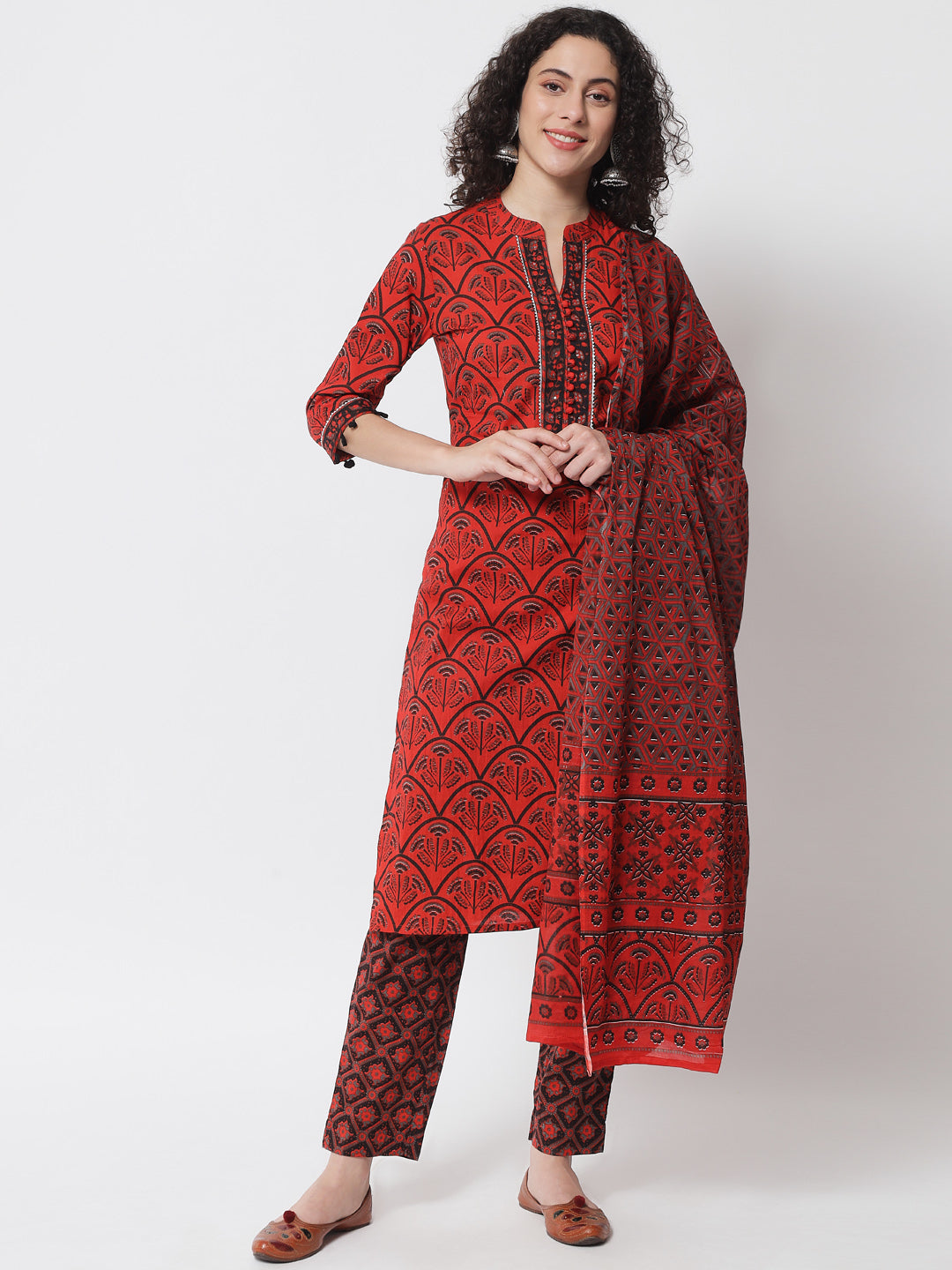 Women's Maroon Ethnic Motifs Sequencing Work Pure Cotton Kurta With Trousers & With Dupatta - Meeranshi