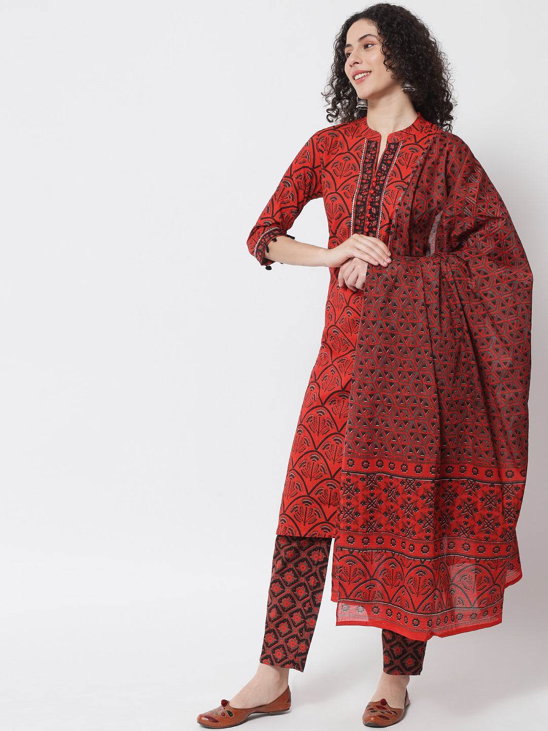 Women's Maroon Ethnic Motifs Sequencing Work Pure Cotton Kurta With Trousers & With Dupatta - Meeranshi