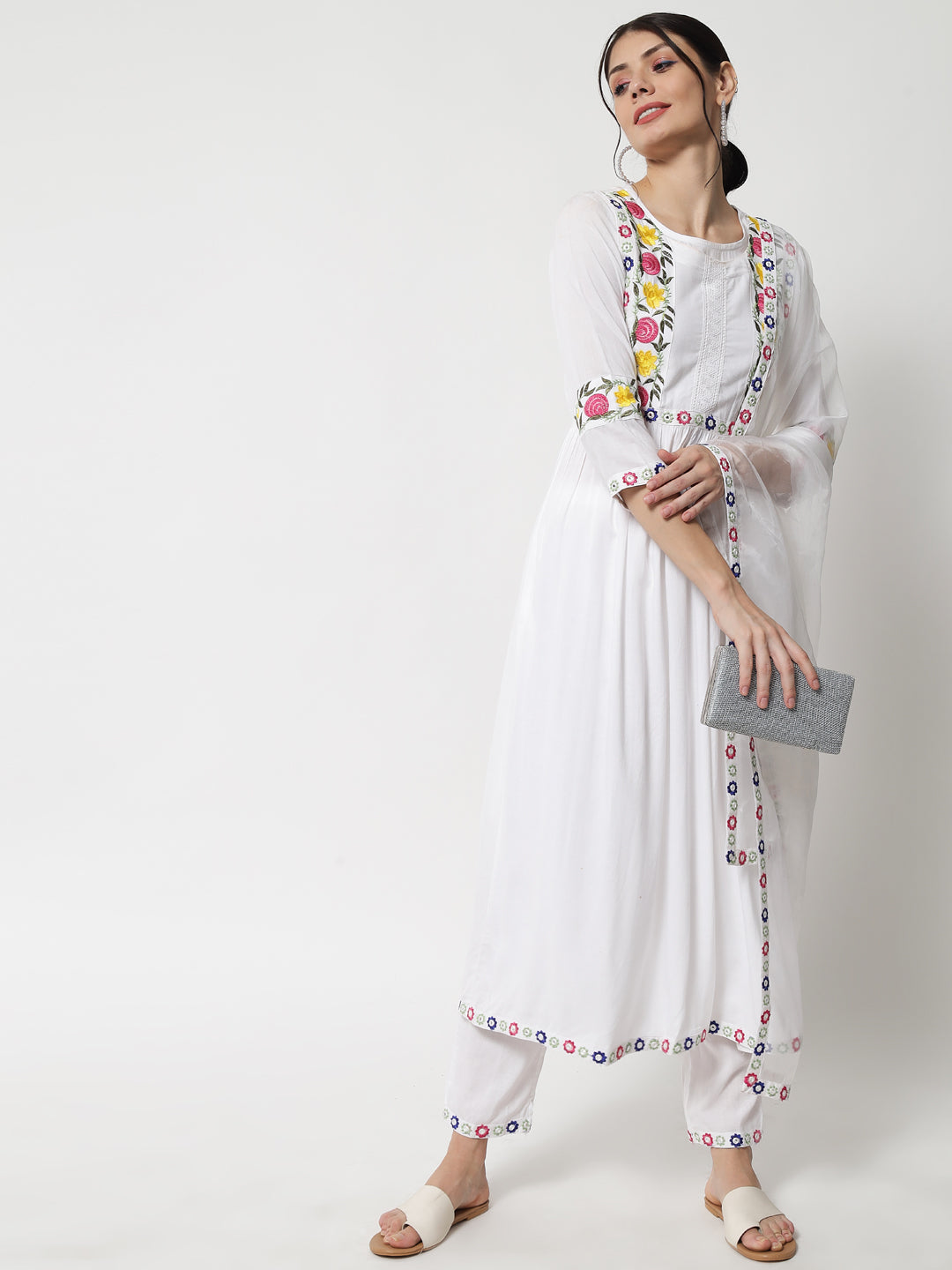 Women's White Floral Embroidered Thread Work Kurta With Trousers & Dupatta - Meeranshi