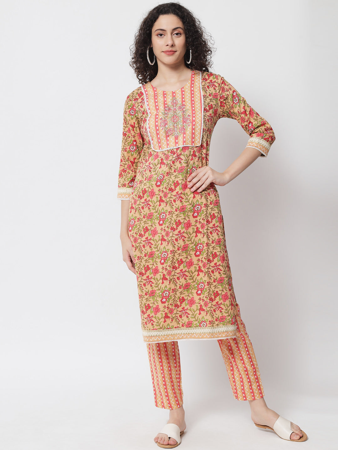 Women's Peach-Coloured Pure Cotton Floral Printed Kurta With Trouser - Meeranshi