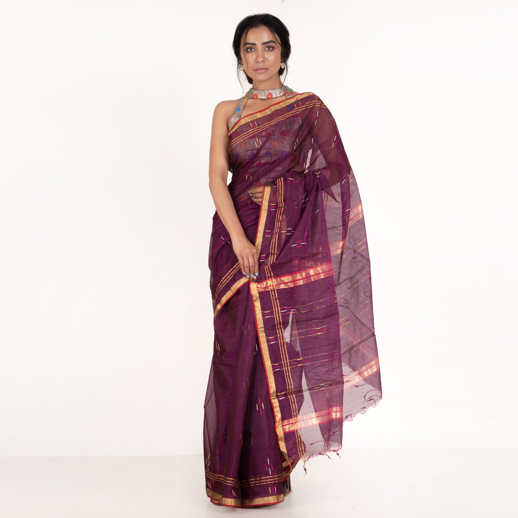 Women's Wine Pure Chanderi Silk Saree With Multicolor Woven Lines And Border - Boveee