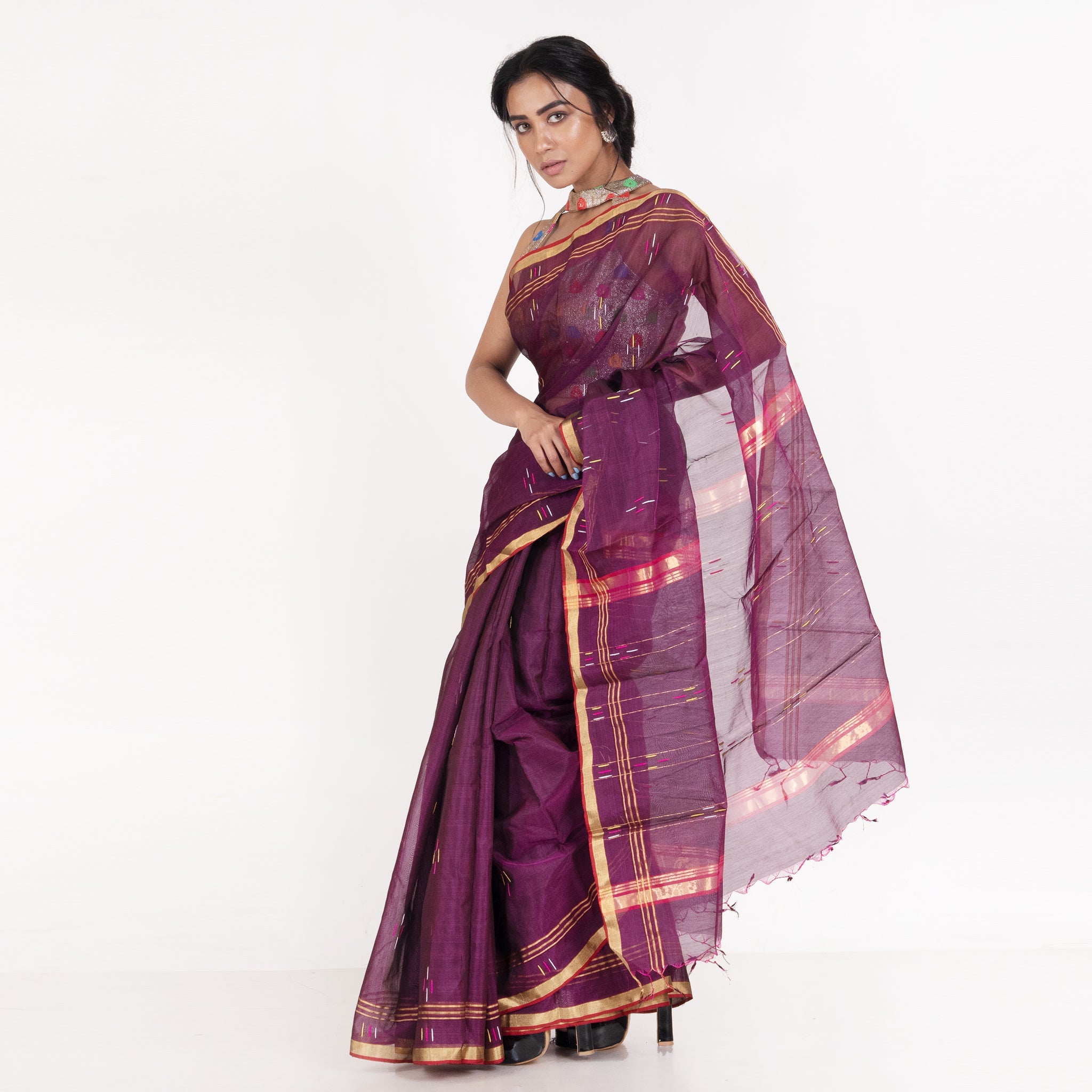 Women's Wine Pure Chanderi Silk Saree With Multicolor Woven Lines And Border - Boveee