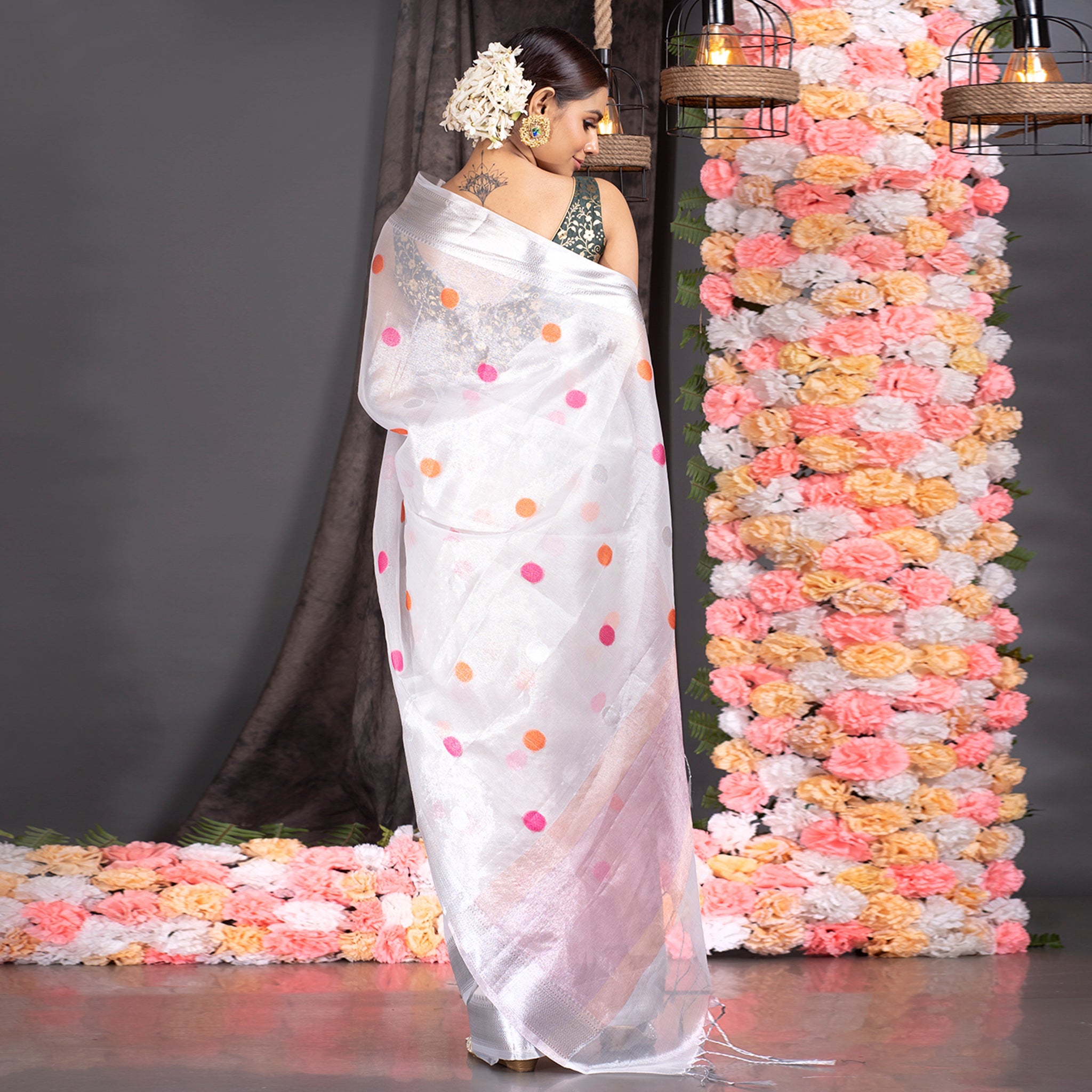 Women's Silver Silk Organza Zari Saree With Multicolor Woven Dots And Pallu - Boveee