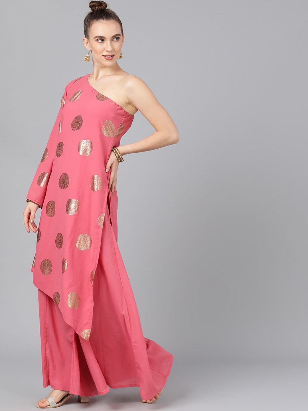 Women's  Pink & Gold-Coloured Foil Printed Kurta with Palazzos - AKS
