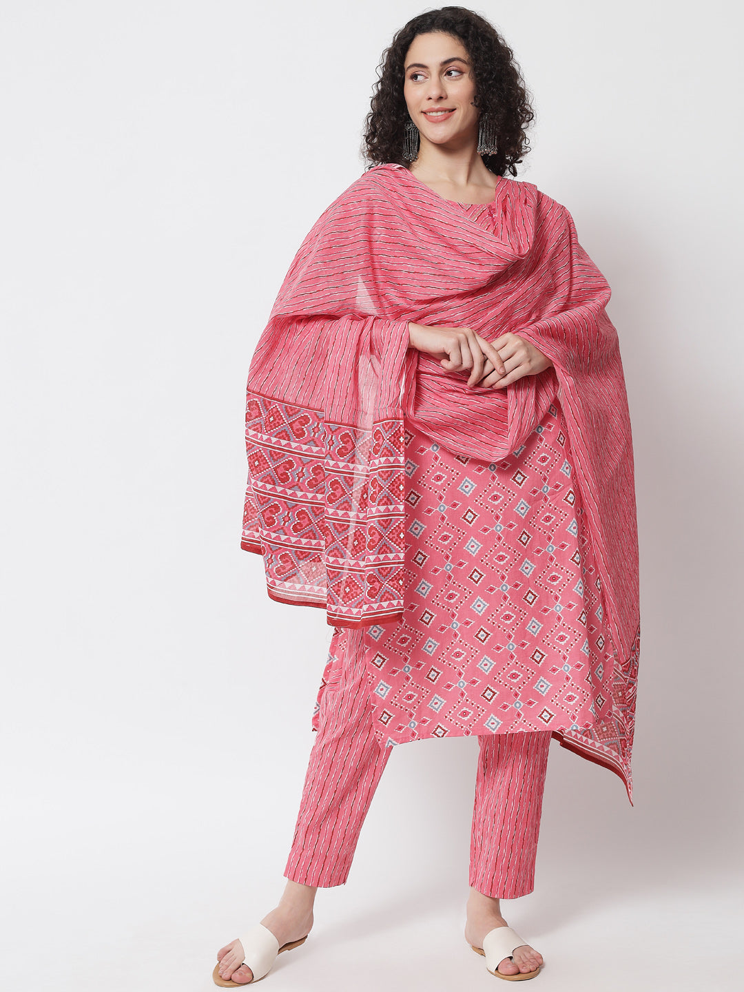 Women's Pink Pure Cotton Kurta With Trousers & Dupatta - Meeranshi