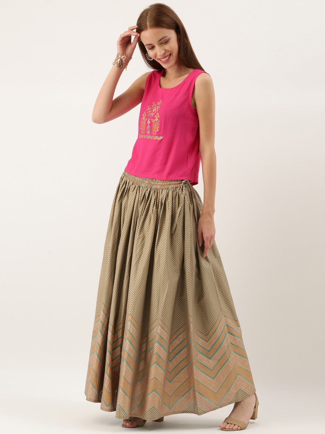 Women's Pink & Golden Embroidered Top with Skirt - Varanga
