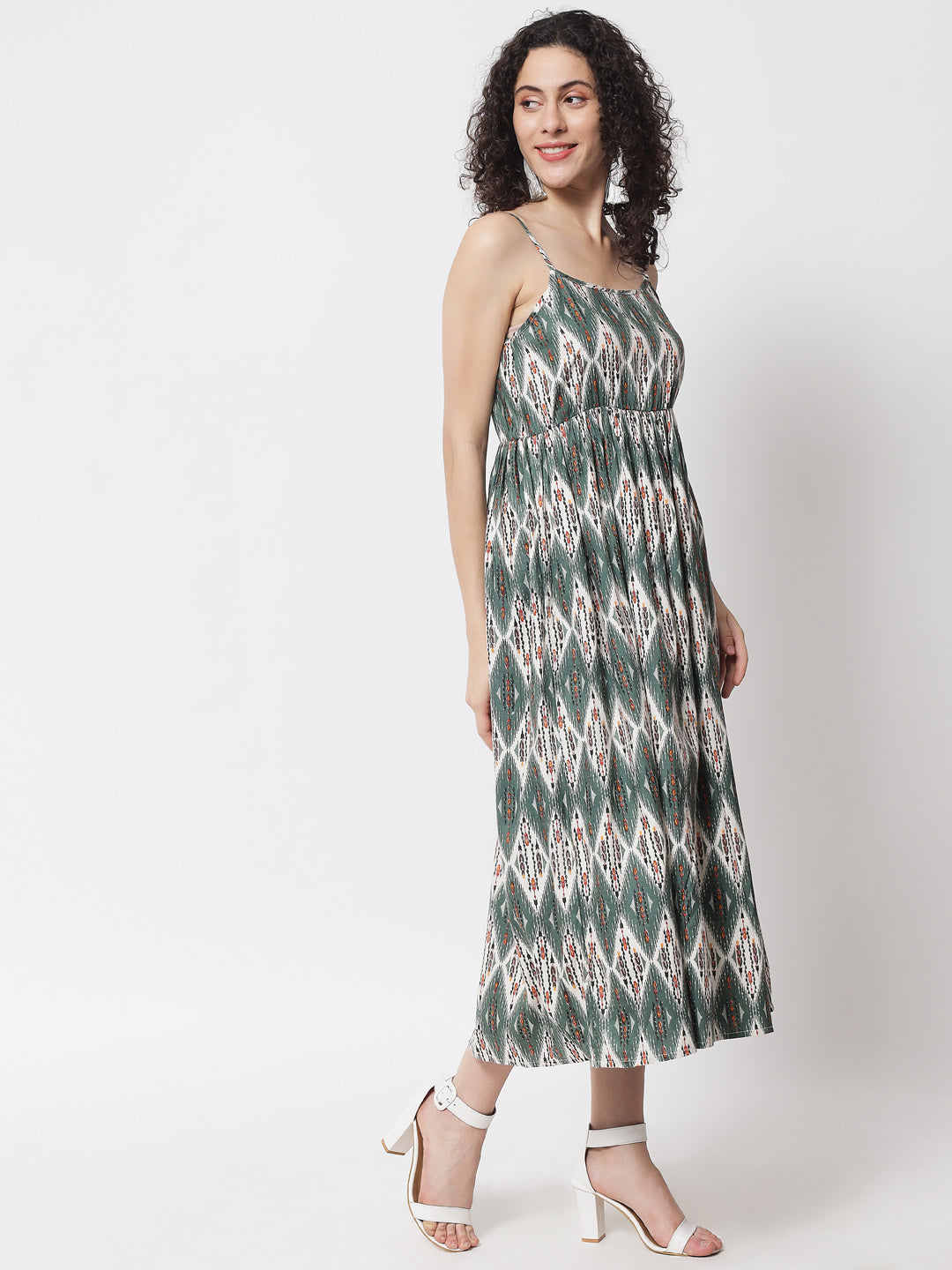 Women's Green & White Liva Printed Maxi Dress - Meeranshi
