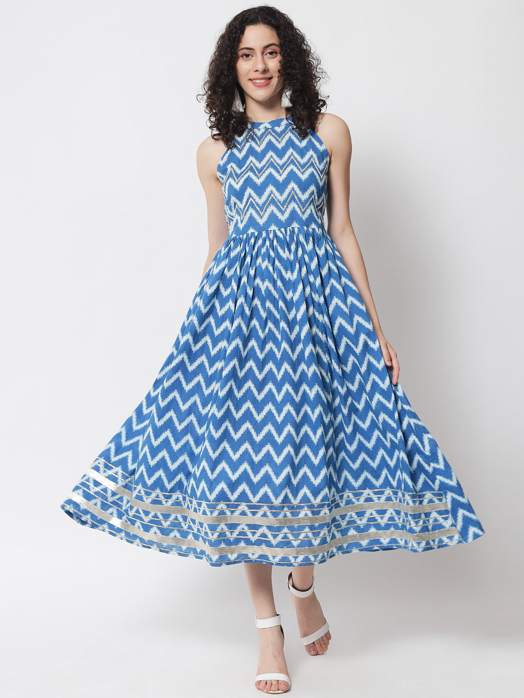 Turquoise Blue & White Stripe A-Line Maxi Dress