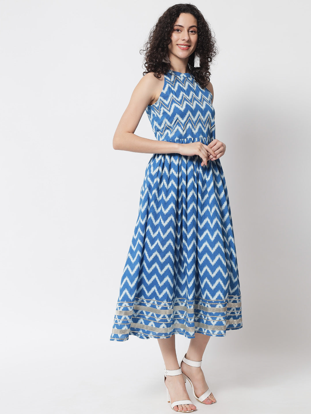 Turquoise Blue & White Stripe A-Line Maxi Dress