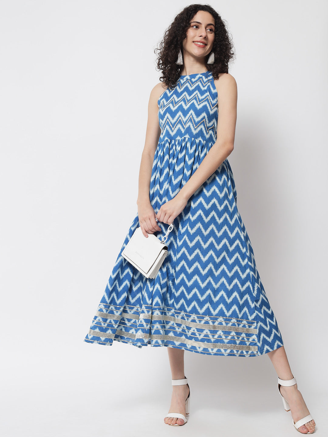 Turquoise Blue & White Stripe A-Line Maxi Dress