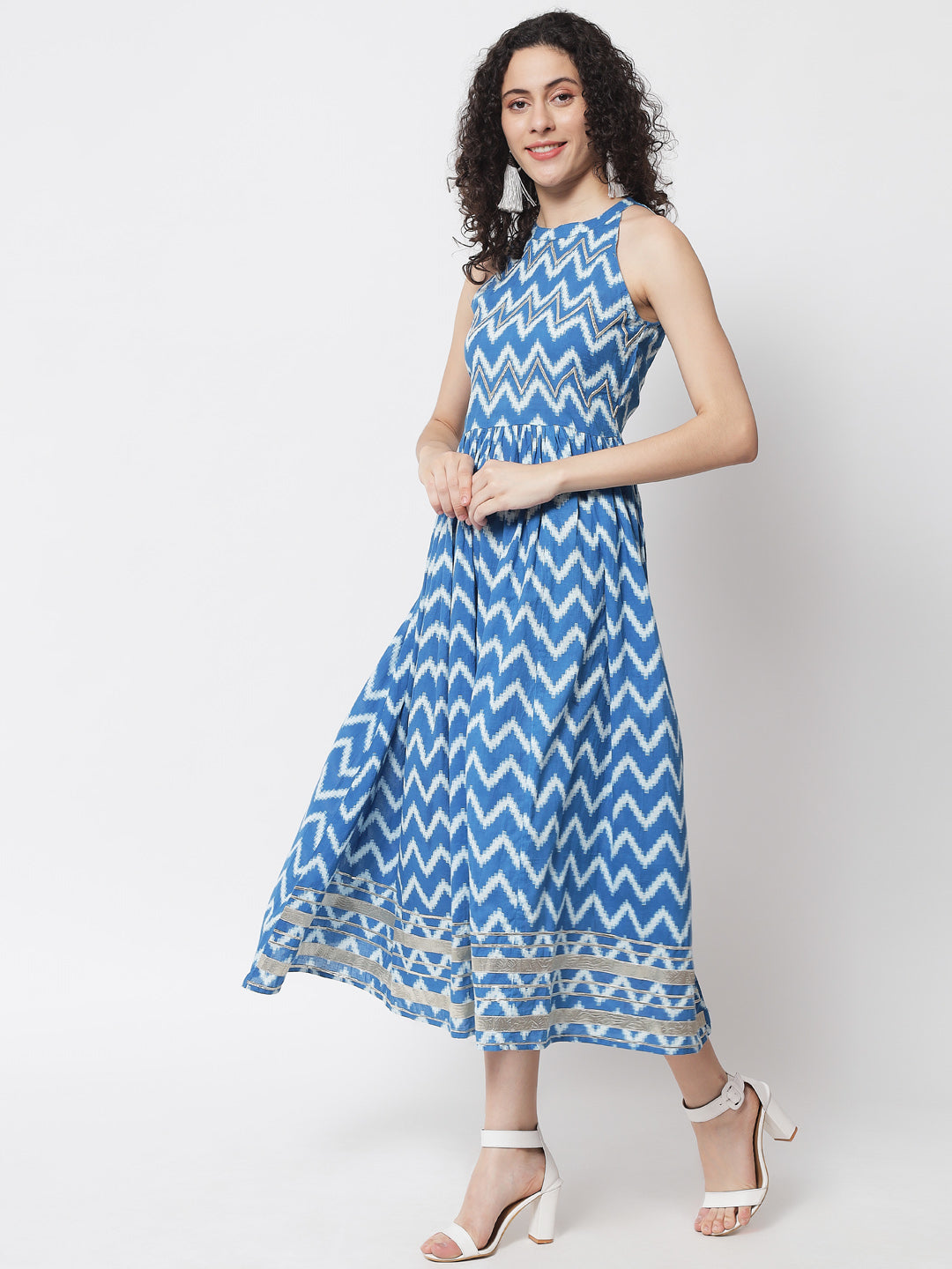 Turquoise Blue & White Stripe A-Line Maxi Dress