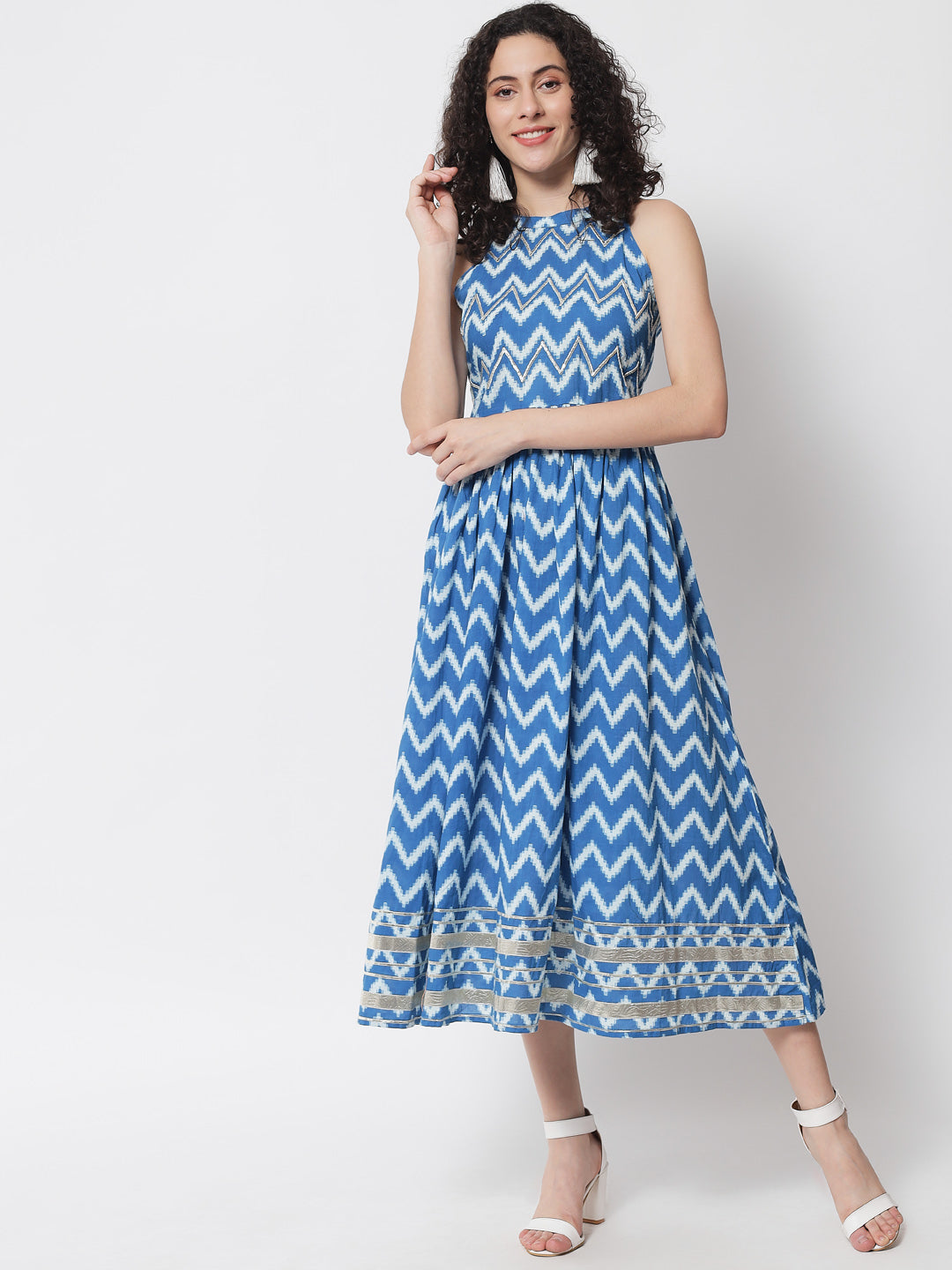 Turquoise Blue & White Stripe A-Line Maxi Dress