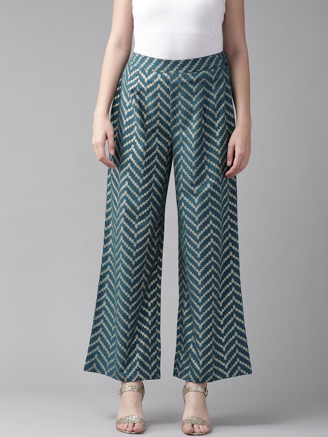 Women's  Teal Blue & Golden Printed Straight Palazzos - AKS