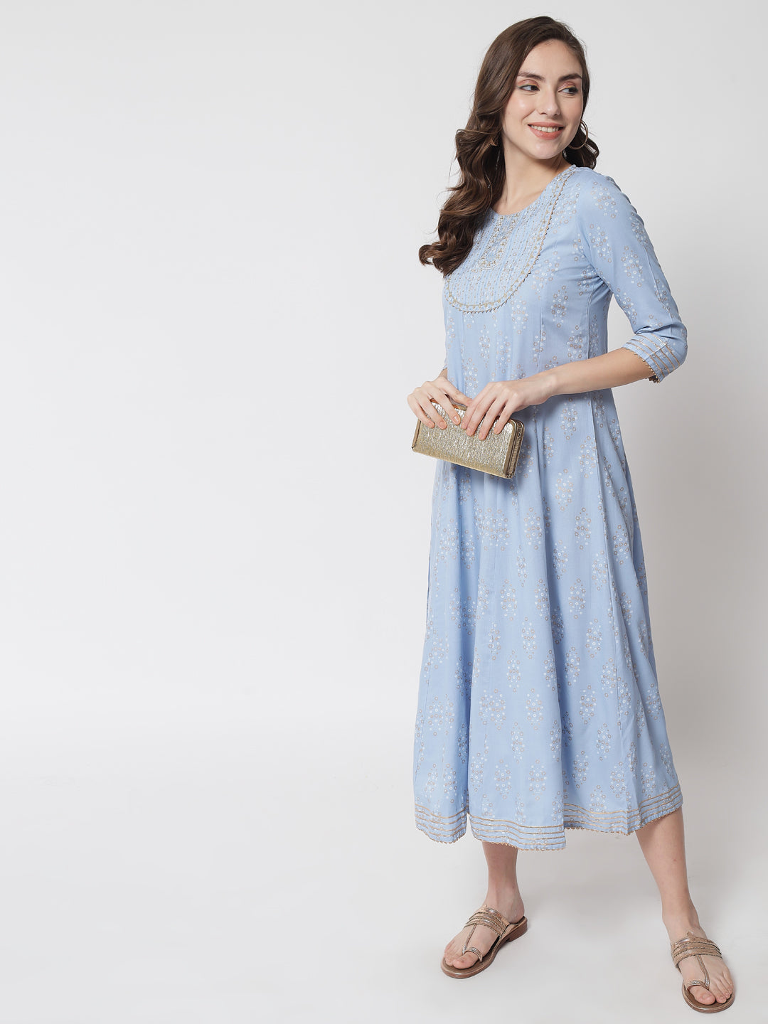 Women's Light Blue Embroidered Anarkali Long Maxi Dress - Meeranshi