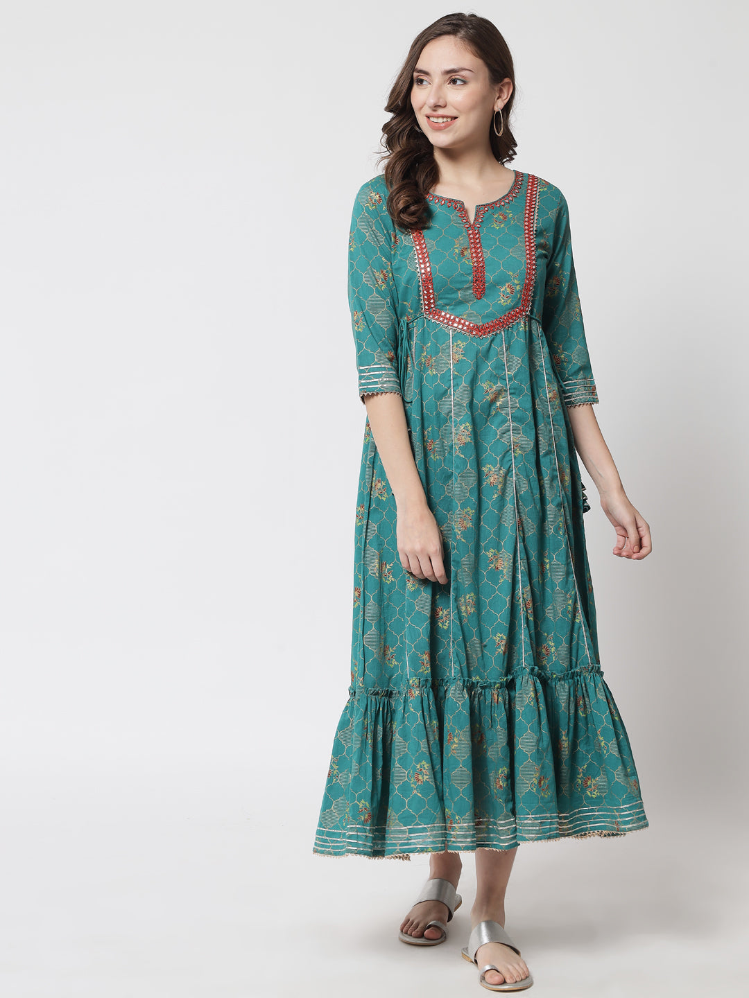 Women's Green & Pink Ethnic Motifs Printed Cotton Mirror Work Anarkali Maxi Dress - Meeranshi