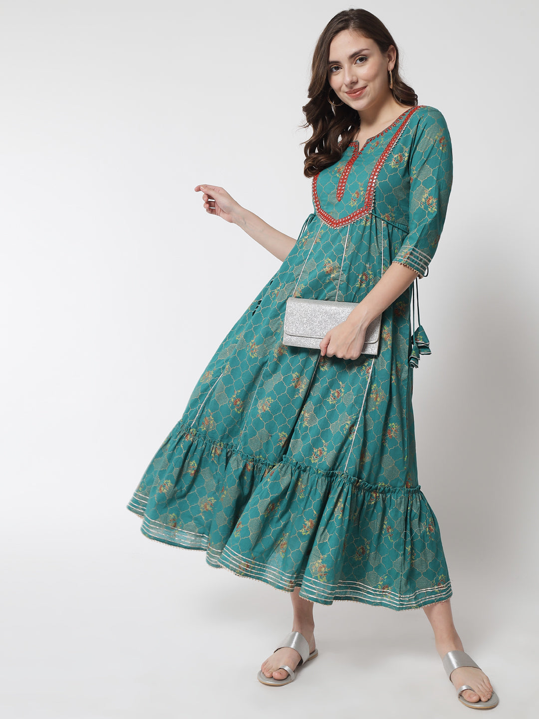 Women's Green & Pink Ethnic Motifs Printed Cotton Mirror Work Anarkali Maxi Dress - Meeranshi