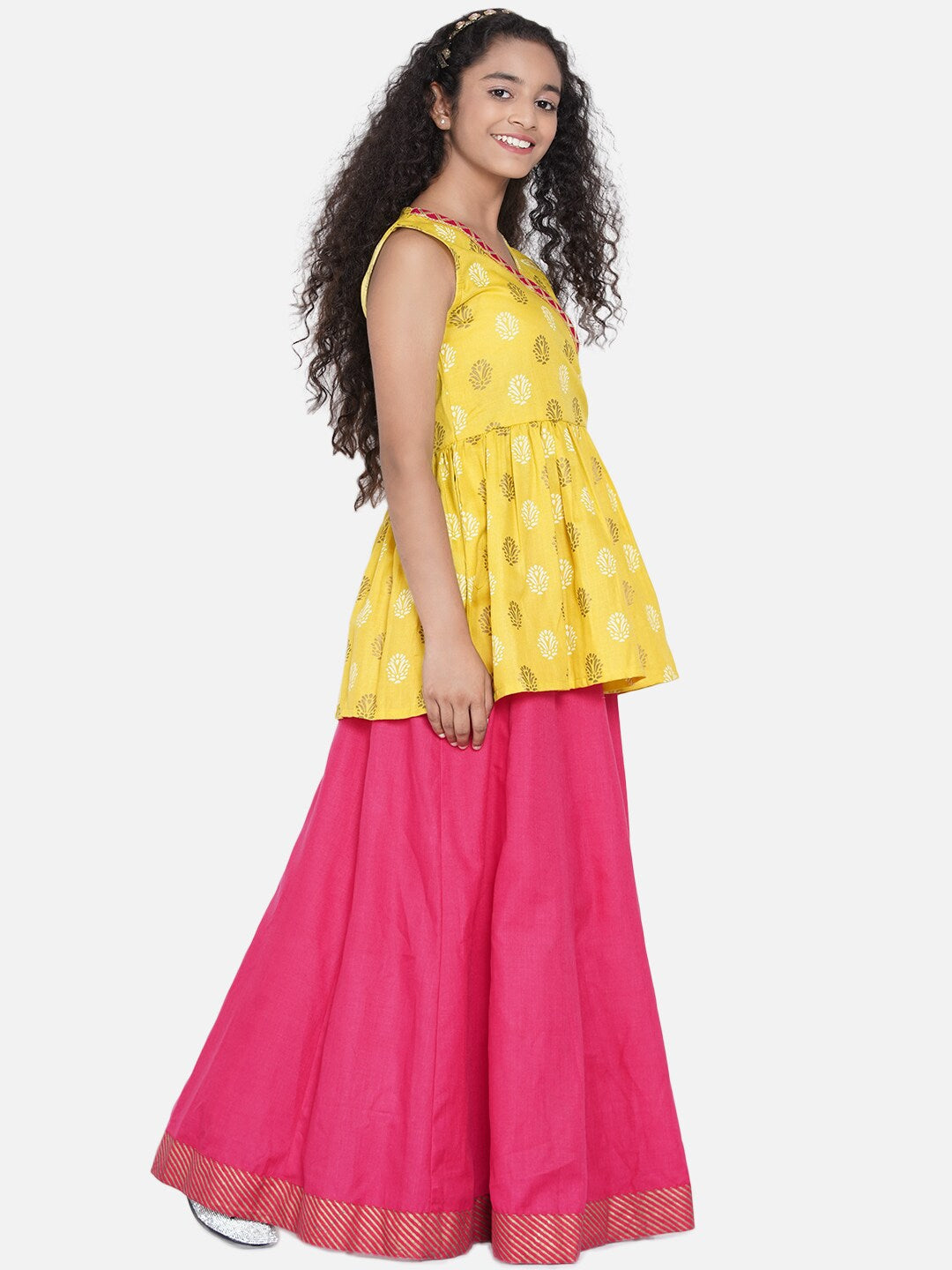 Girl's Yellow & Pink Printed Khari Print Ready to Wear Lehenga Set - NOZ2TOZ KIDS