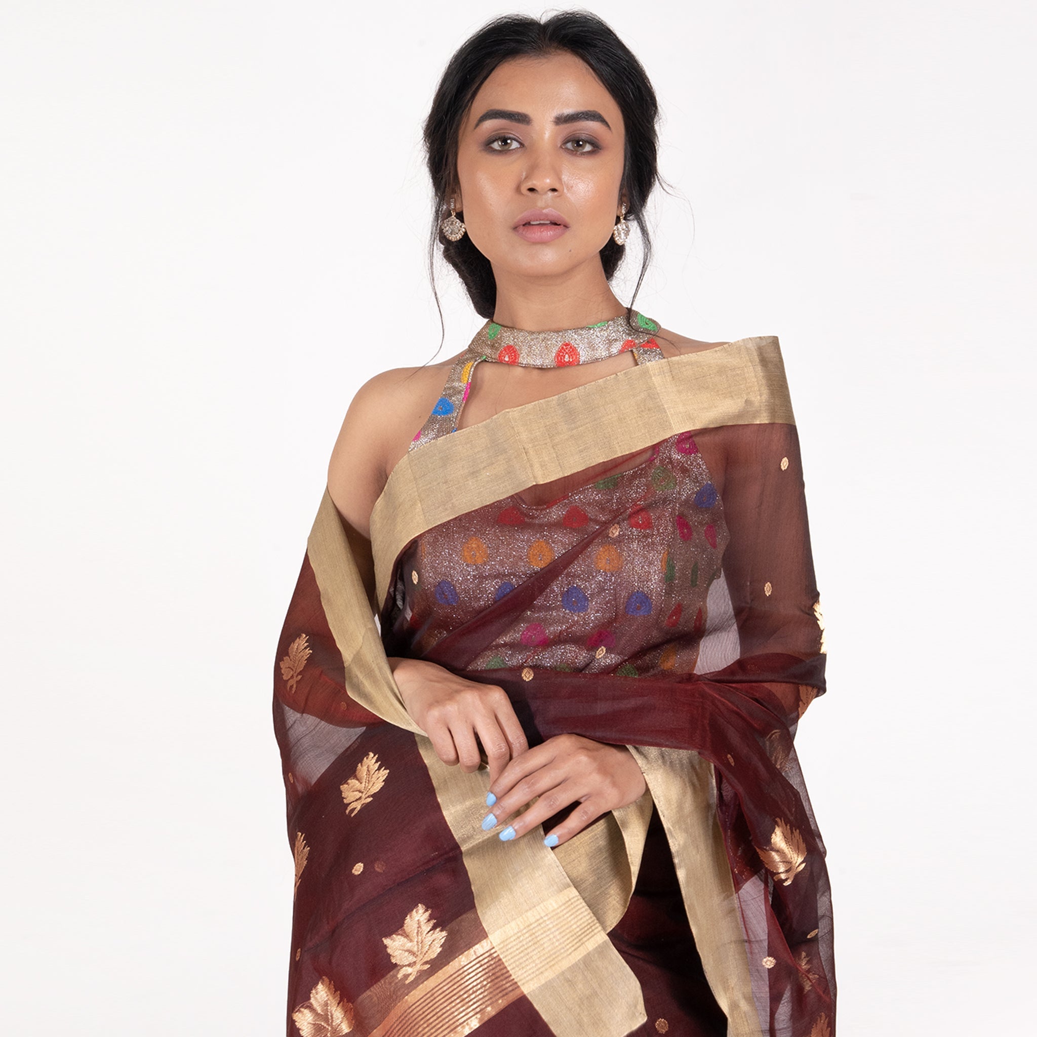 Women's Brick Maroon Pure Chanderi Silk Saree With Zari Woven Leaf Motifs And Border - Boveee
