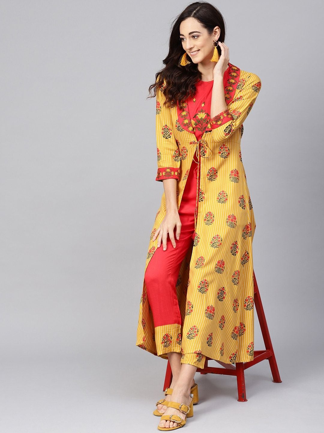 Women's Orange & Mustard Yellow Embroidered Crop Top with Trousers & Ehtnic Jacket - Meeranshi