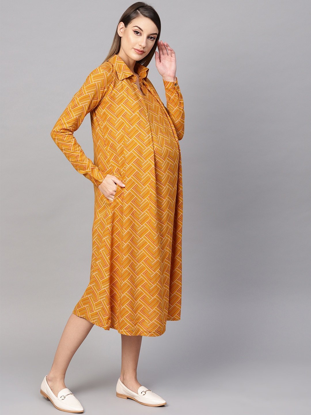 Women's  Mustard Yellow Printed Maternity Shirt Dress - AKS