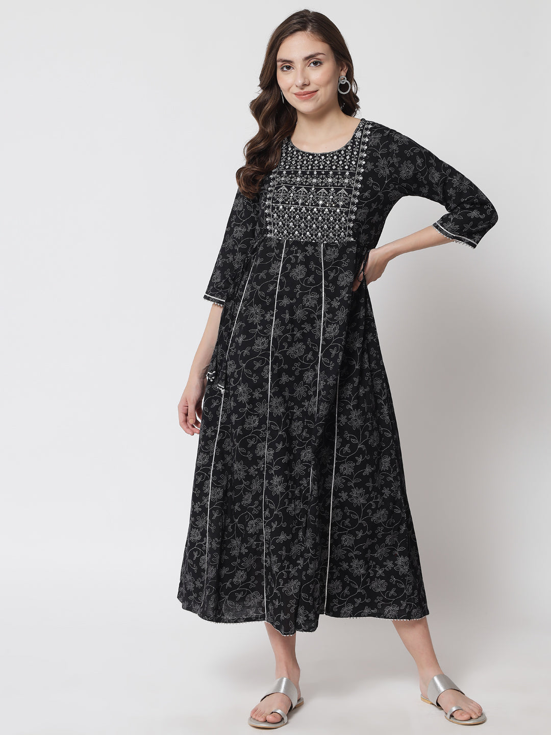 Women's Black Printed Anarkali Maxi Dresses - Meeranshi
