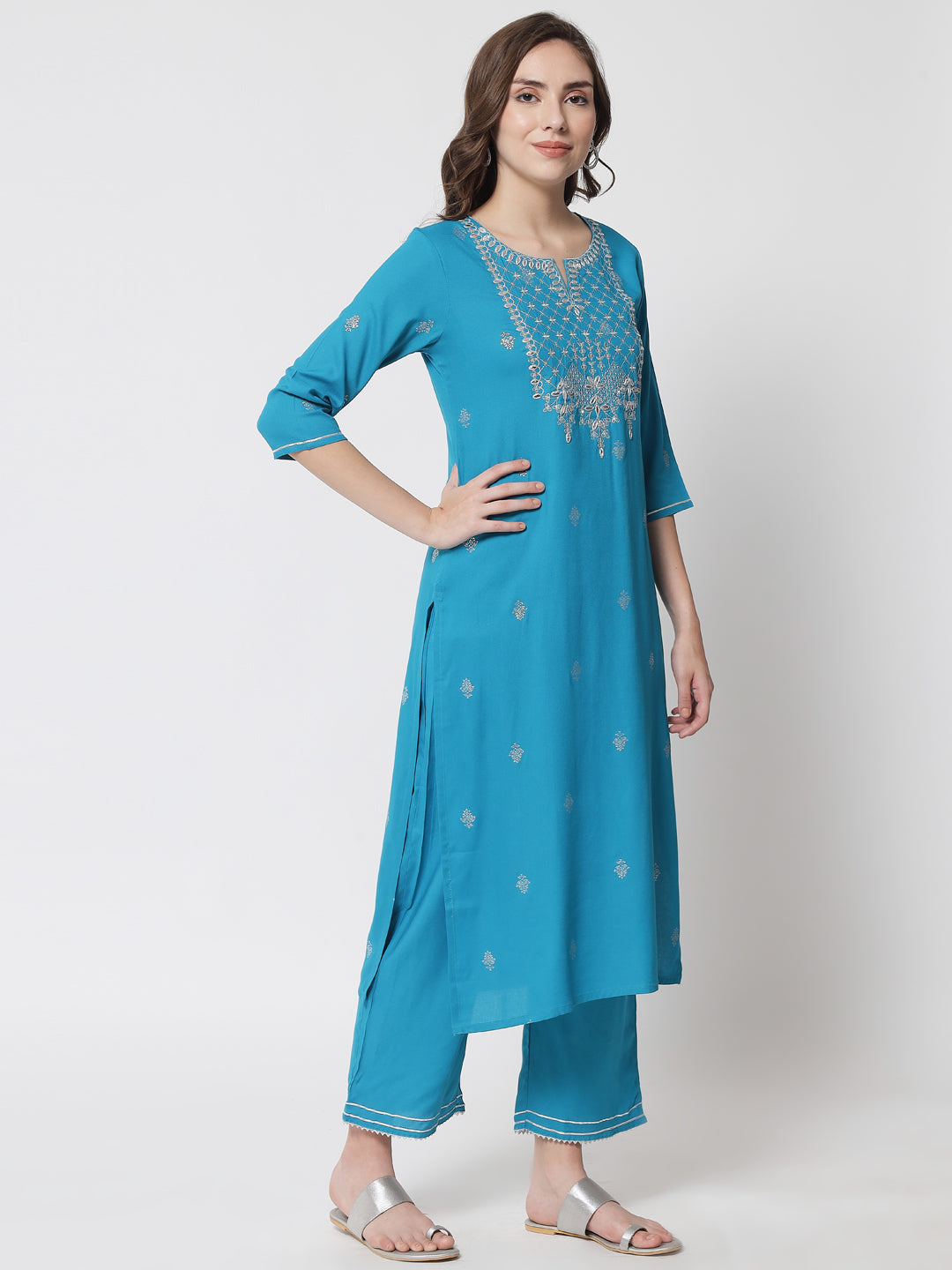 Women's Blue Printed Yoke Zari Embroidered Kurta With Trousers  - Meeranshi