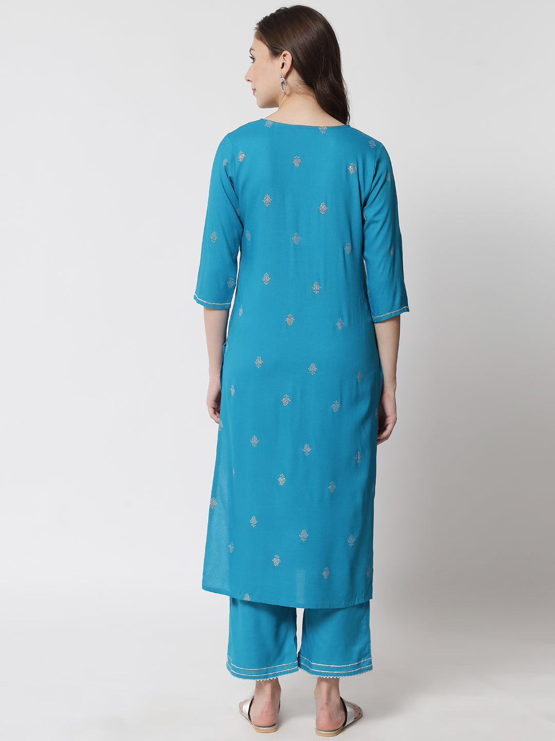 Women's Blue Printed Yoke Zari Embroidered Kurta With Trousers  - Meeranshi