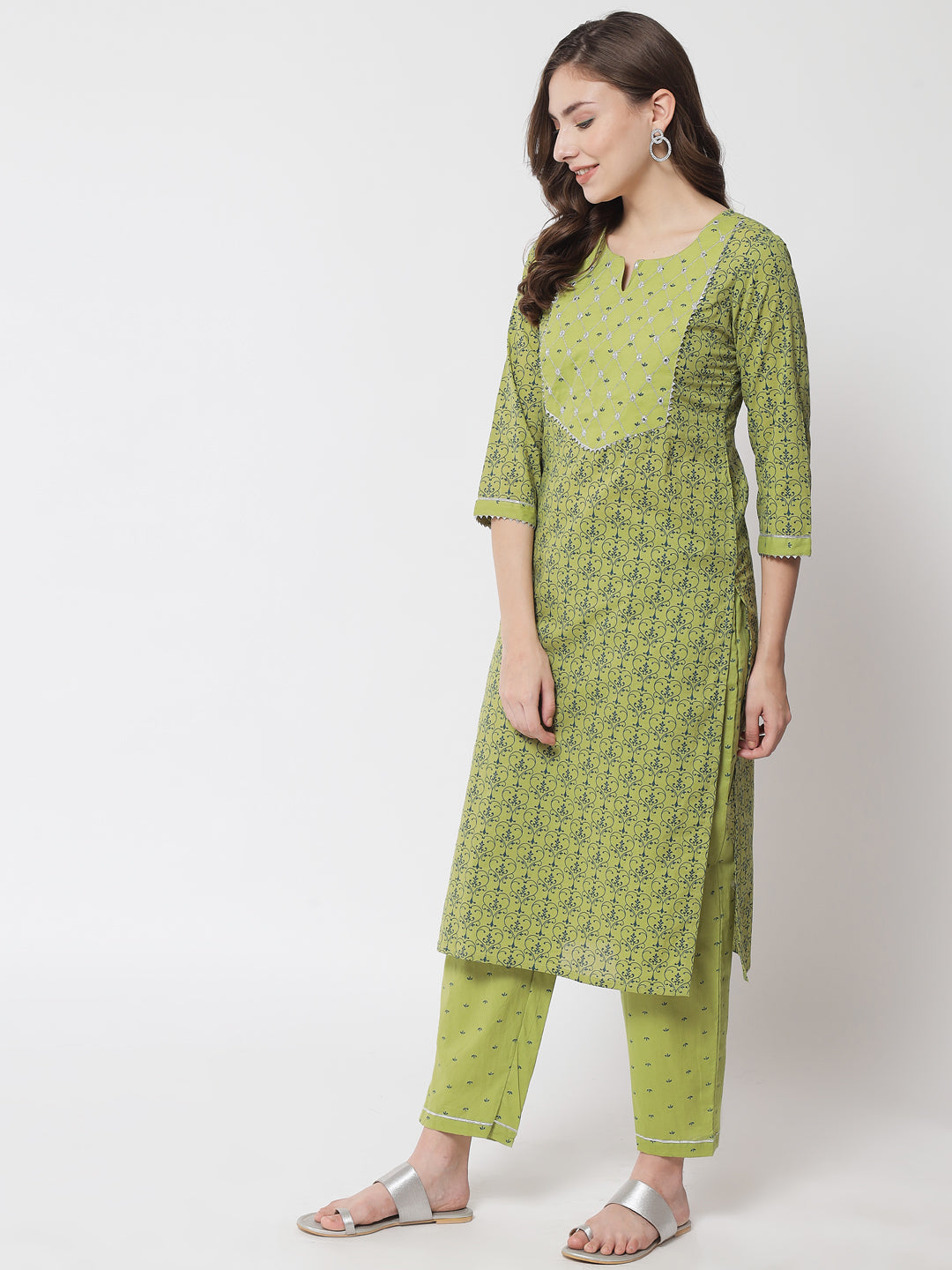 Women's Lime Green Printed Yoke Zari Embroidered Kurta With Trousers  - Meeranshi