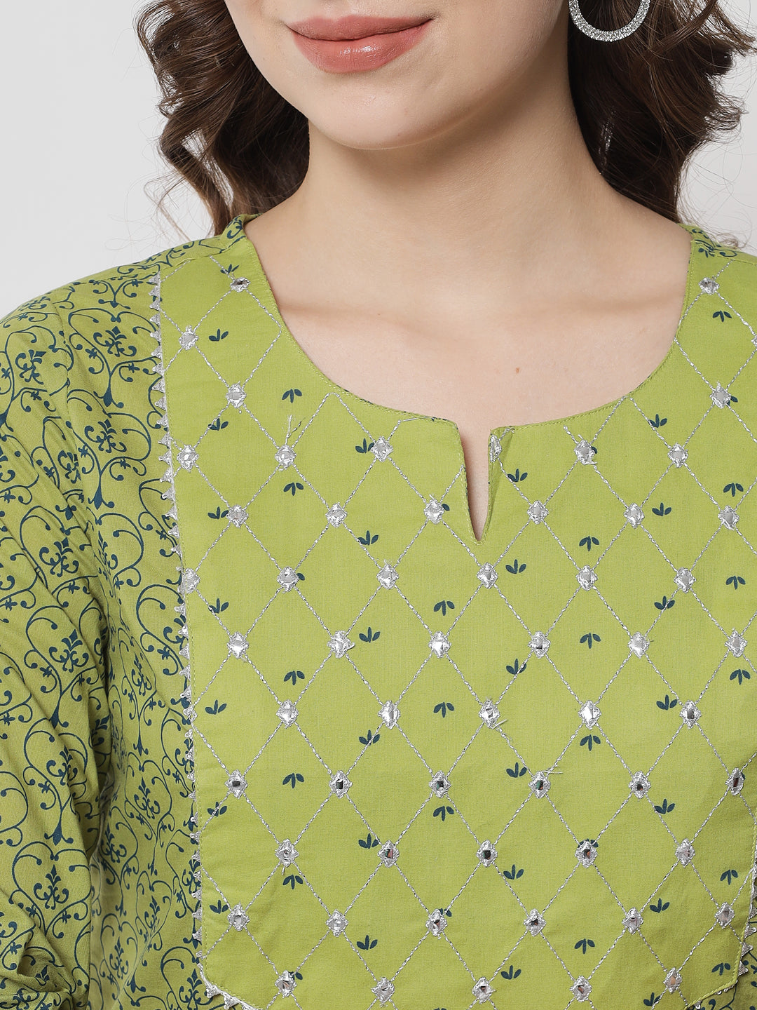 Women's Lime Green Printed Yoke Zari Embroidered Kurta With Trousers  - Meeranshi