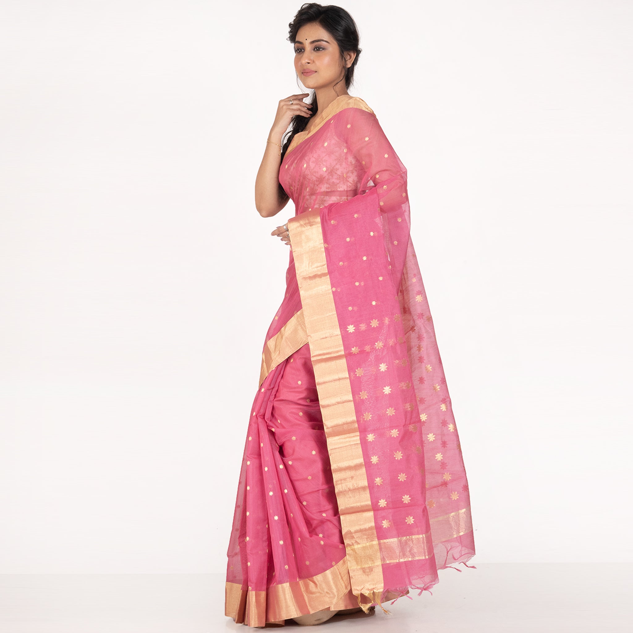Women's Old Rose Pink Pure Chanderi Silk Saree With Contrasting Border And Booti - Boveee