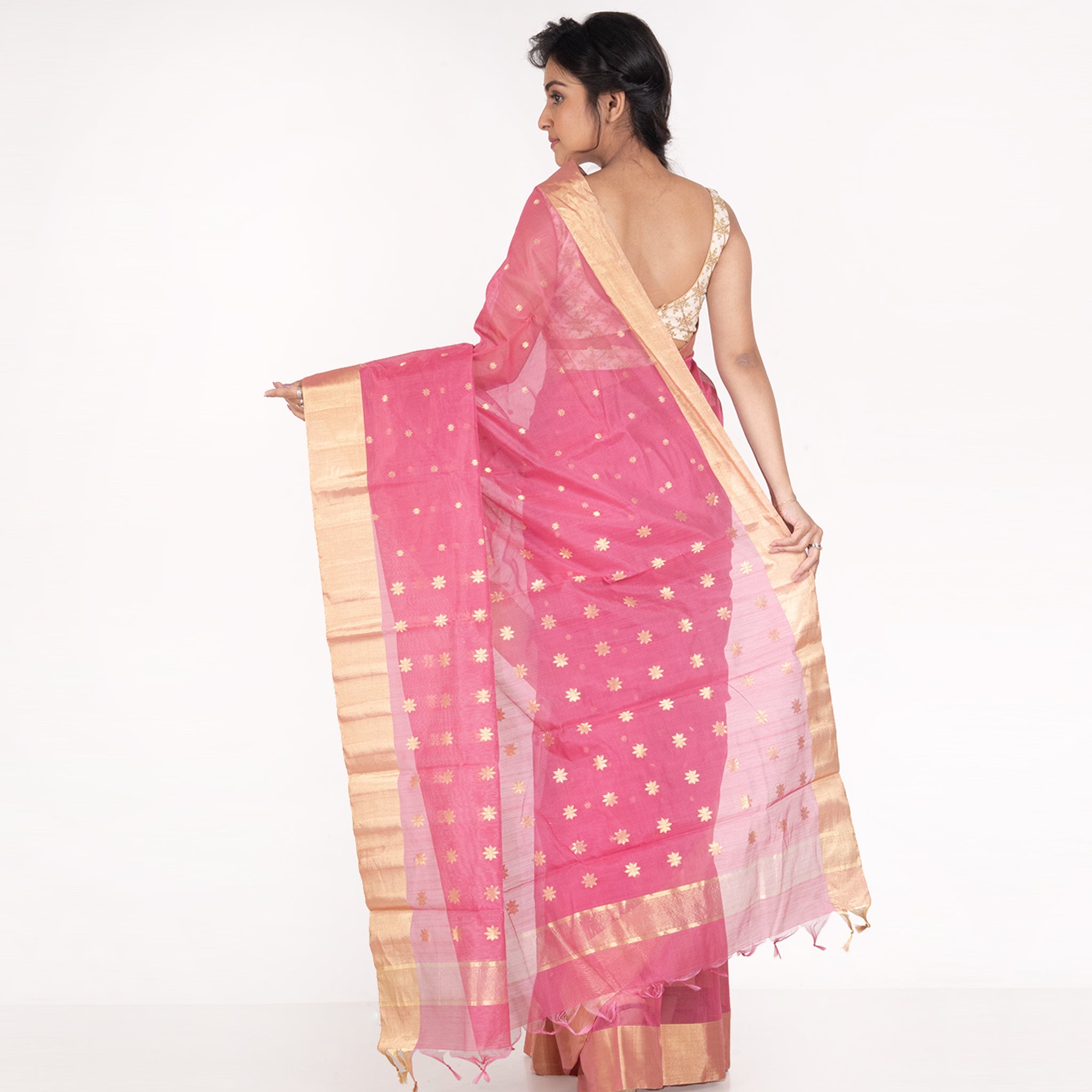 Women's Old Rose Pink Pure Chanderi Silk Saree With Contrasting Border And Booti - Boveee