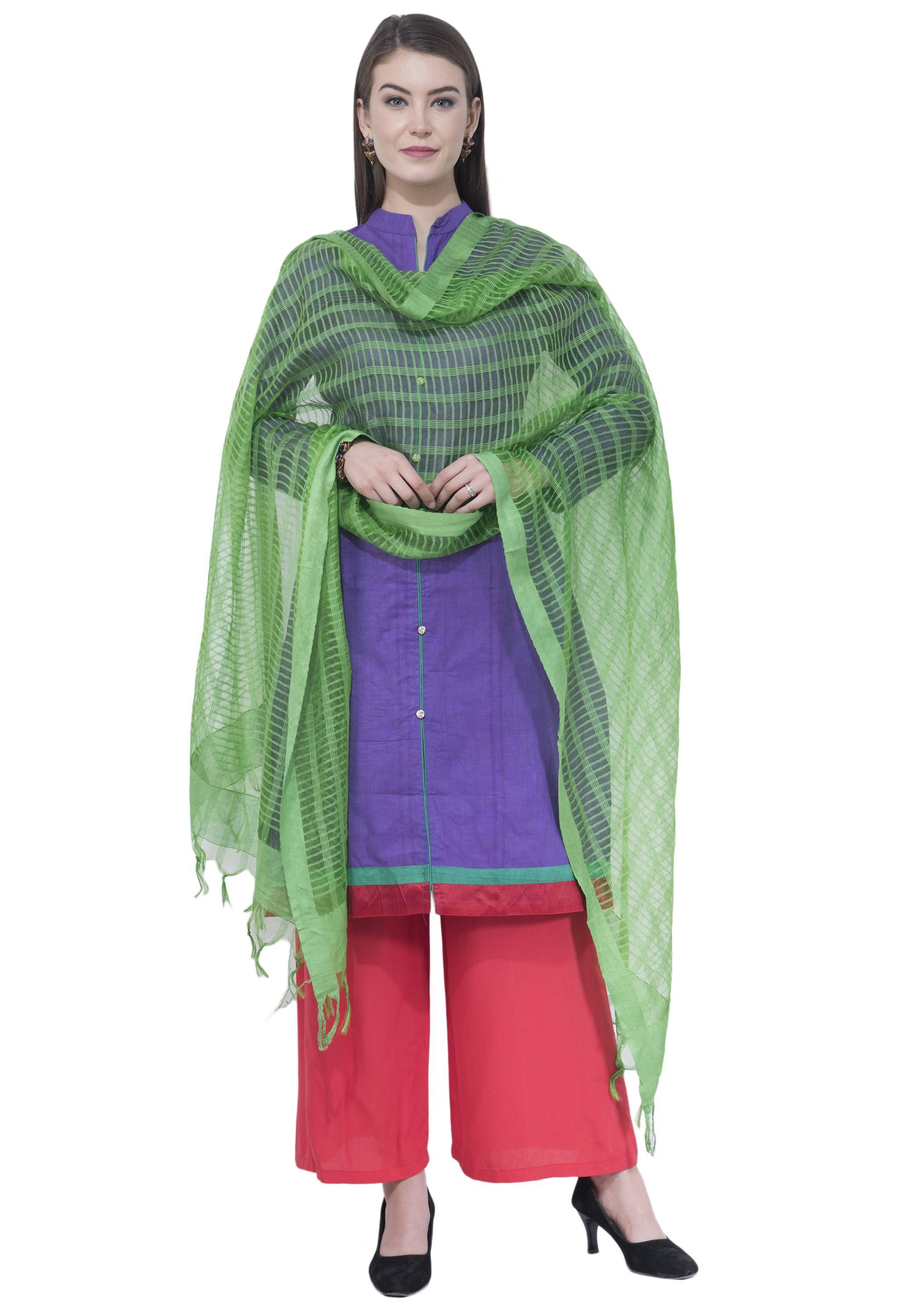 A R Silk Women's Self Check Cota Cotton Parrot Green Dupattas and Chunnis
