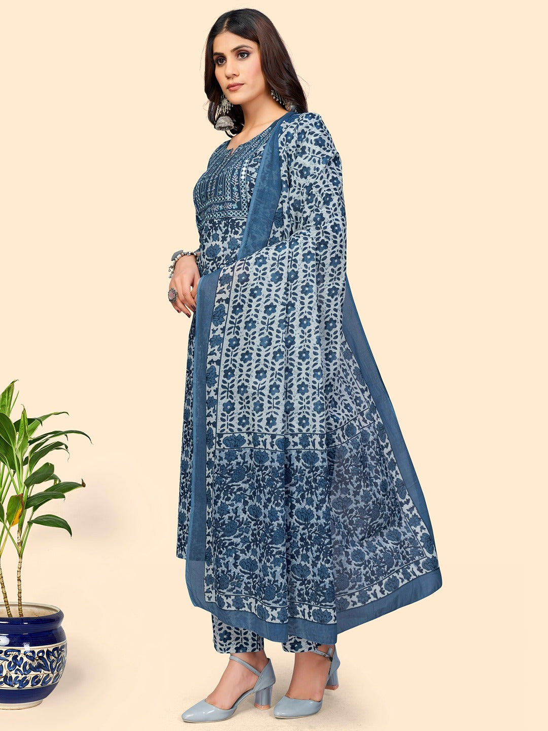 Women's Print & Embroidered Straight Cotton Blue Stitched Kurta Pant With Dupatta - Vbuyz