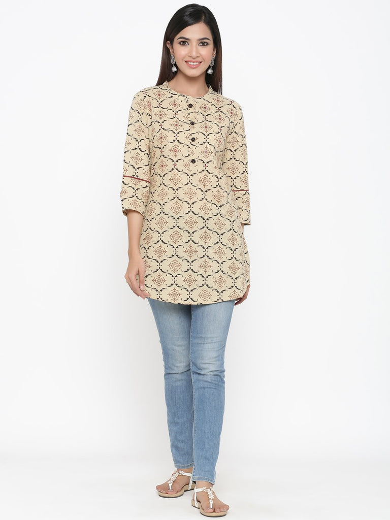 Women's Printed Cream Short Kurta by Kipek- (