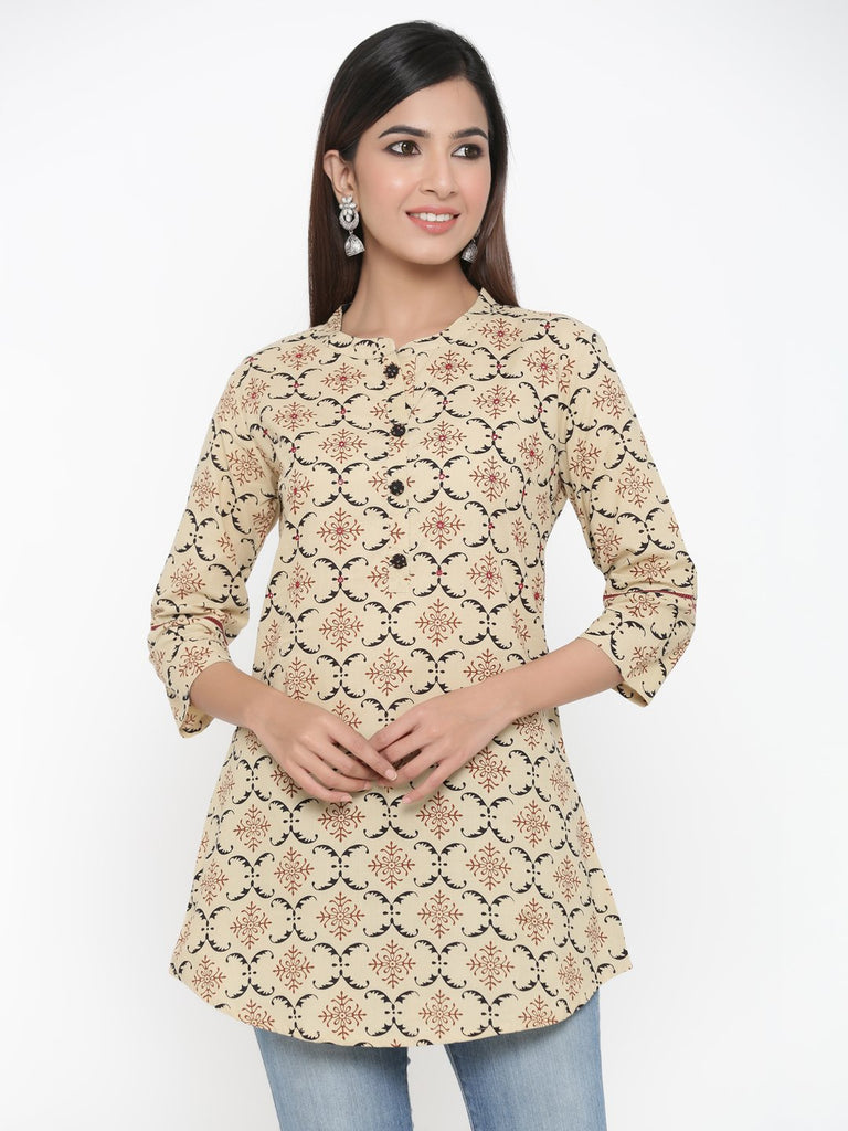 Women's Printed Cream Short Kurta by Kipek- (