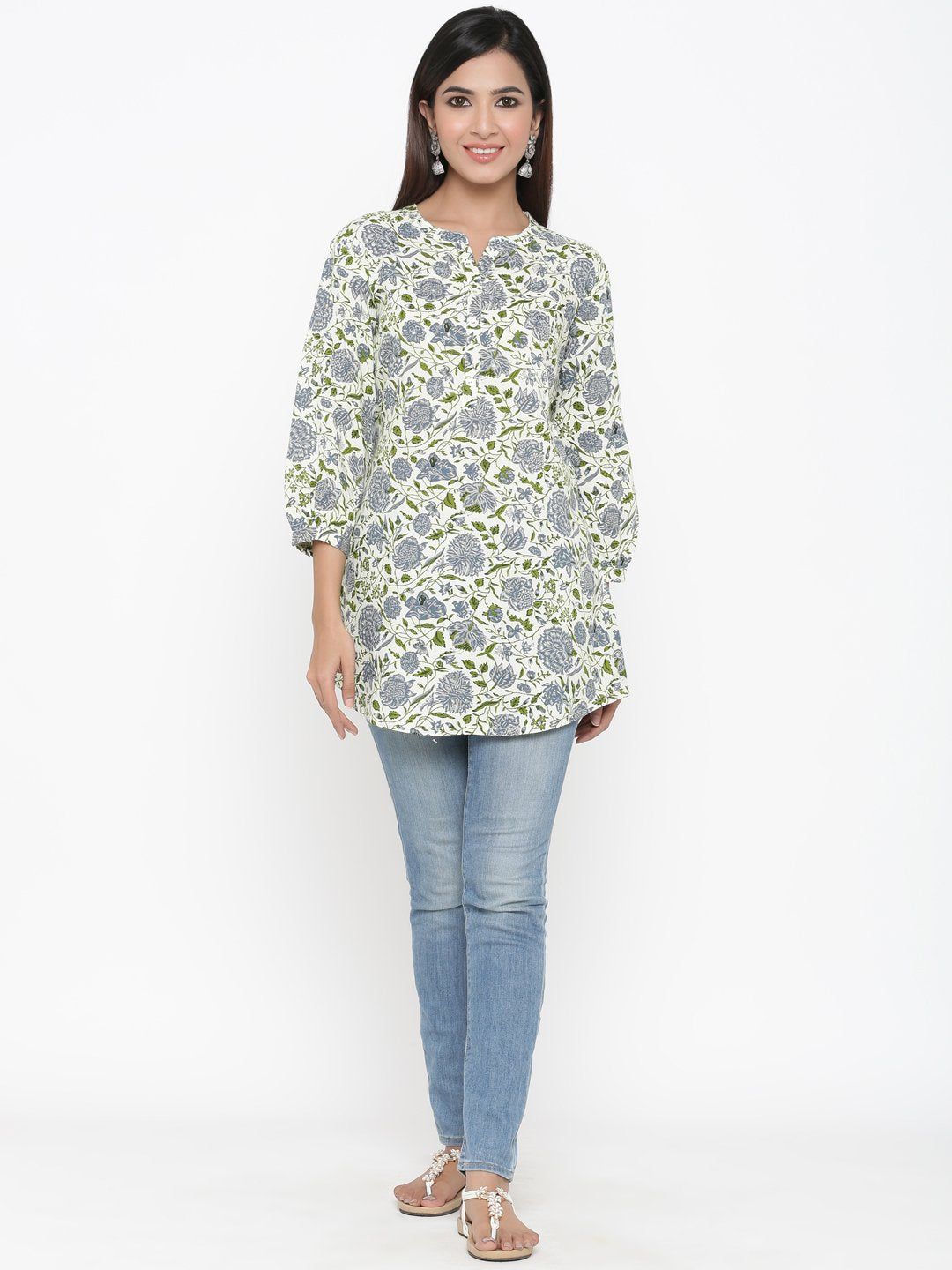 Women's Off-White Foral Printed Short Kurta by Kipek- (