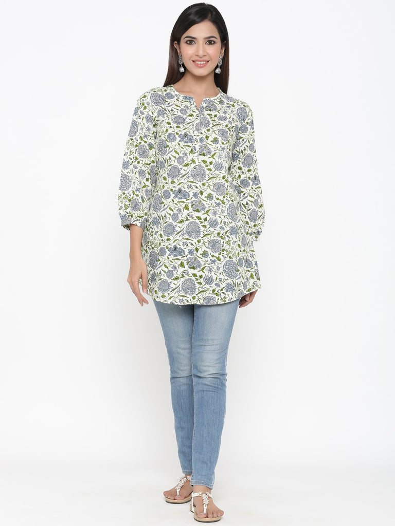 Women's Off-White Foral Printed Short Kurta by Kipek- (