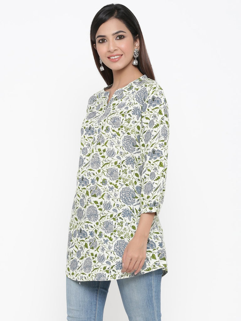 Women's Off-White Foral Printed Short Kurta by Kipek- (