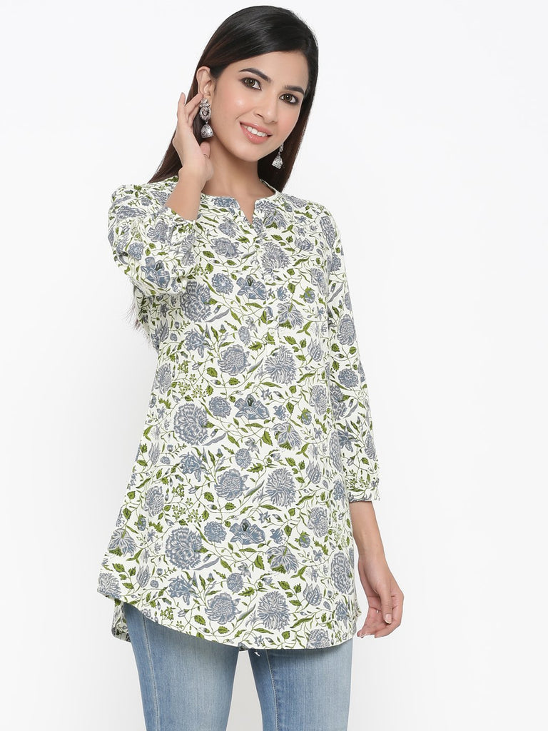 Women's Off-White Foral Printed Short Kurta by Kipek- (