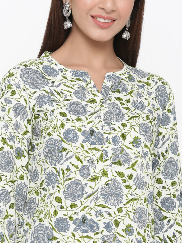 Women's Off-White Foral Printed Short Kurta by Kipek- (