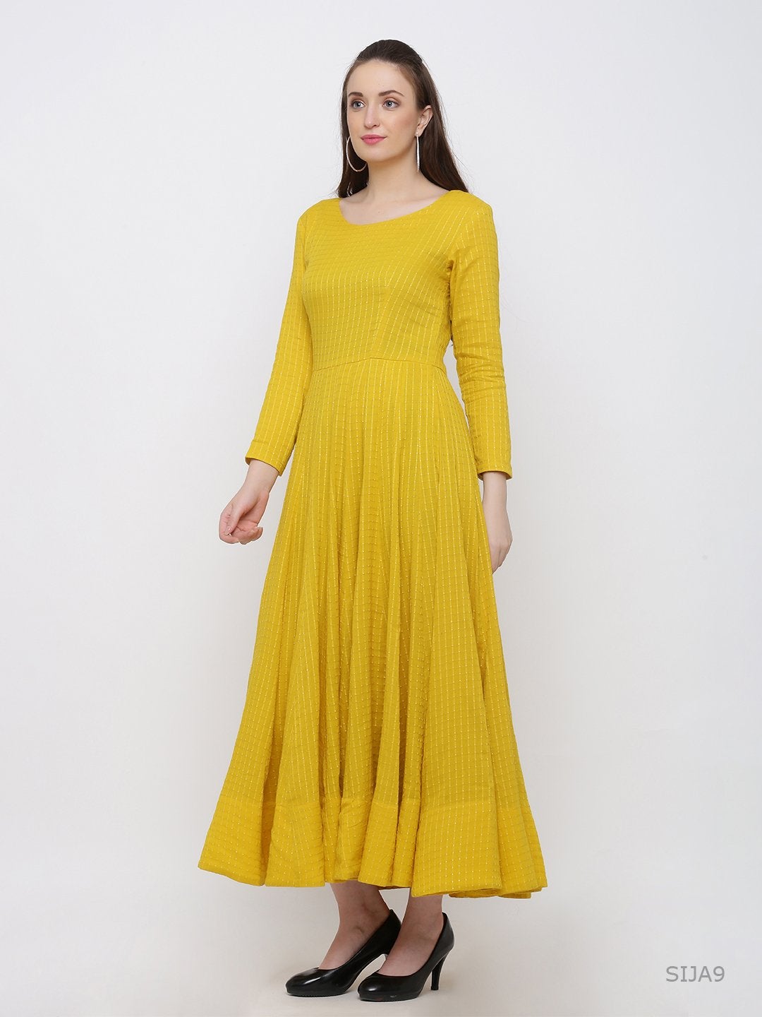 Women's Yellow Solid Cotton Anarkali Kurta(1pc) - Indian Virasat