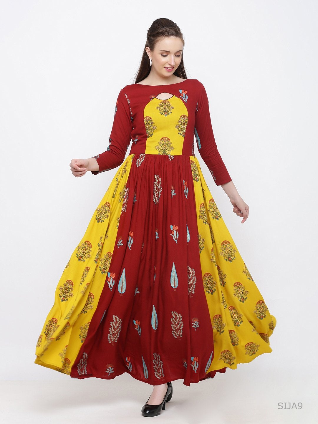 Women's Maroon and Yellow Printed Kurta(1pc) - Indian Virasat