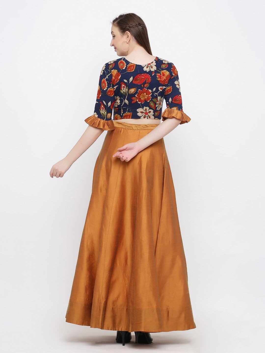 Women's Copper-Toned Ready to Wear Silk Lehenga with Blouse(2pc) - Indian Virasat