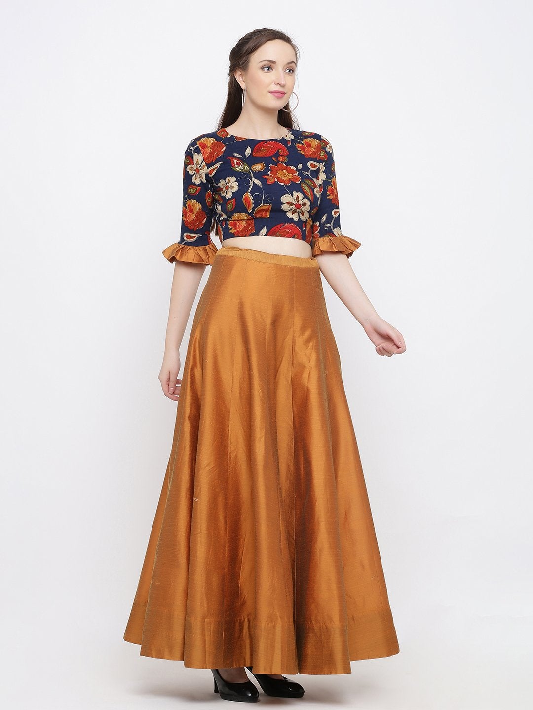 Women's Copper-Toned Ready to Wear Silk Lehenga with Blouse(2pc) - Indian Virasat