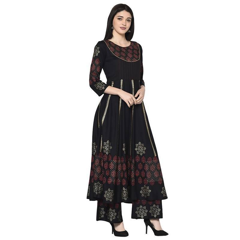 Women's Black Rayon Block print Anarkali kurta