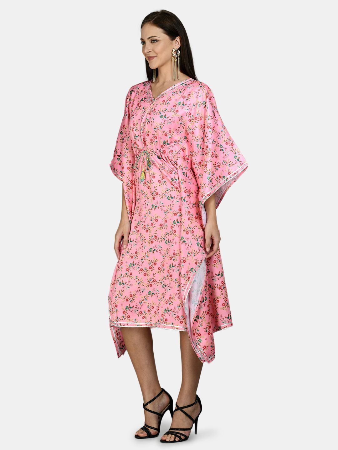Women's Pink Polyester Printed Full Sleeve V Neck Casual kaftaan - Myshka