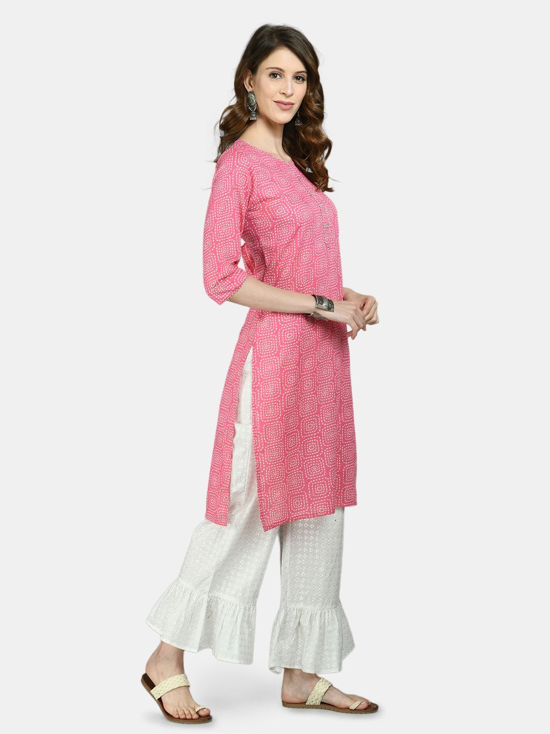 Women's Pink Cotton Printed 3/4 Sleeve Round Neck Casual Kurta Palazzo Set - Myshka