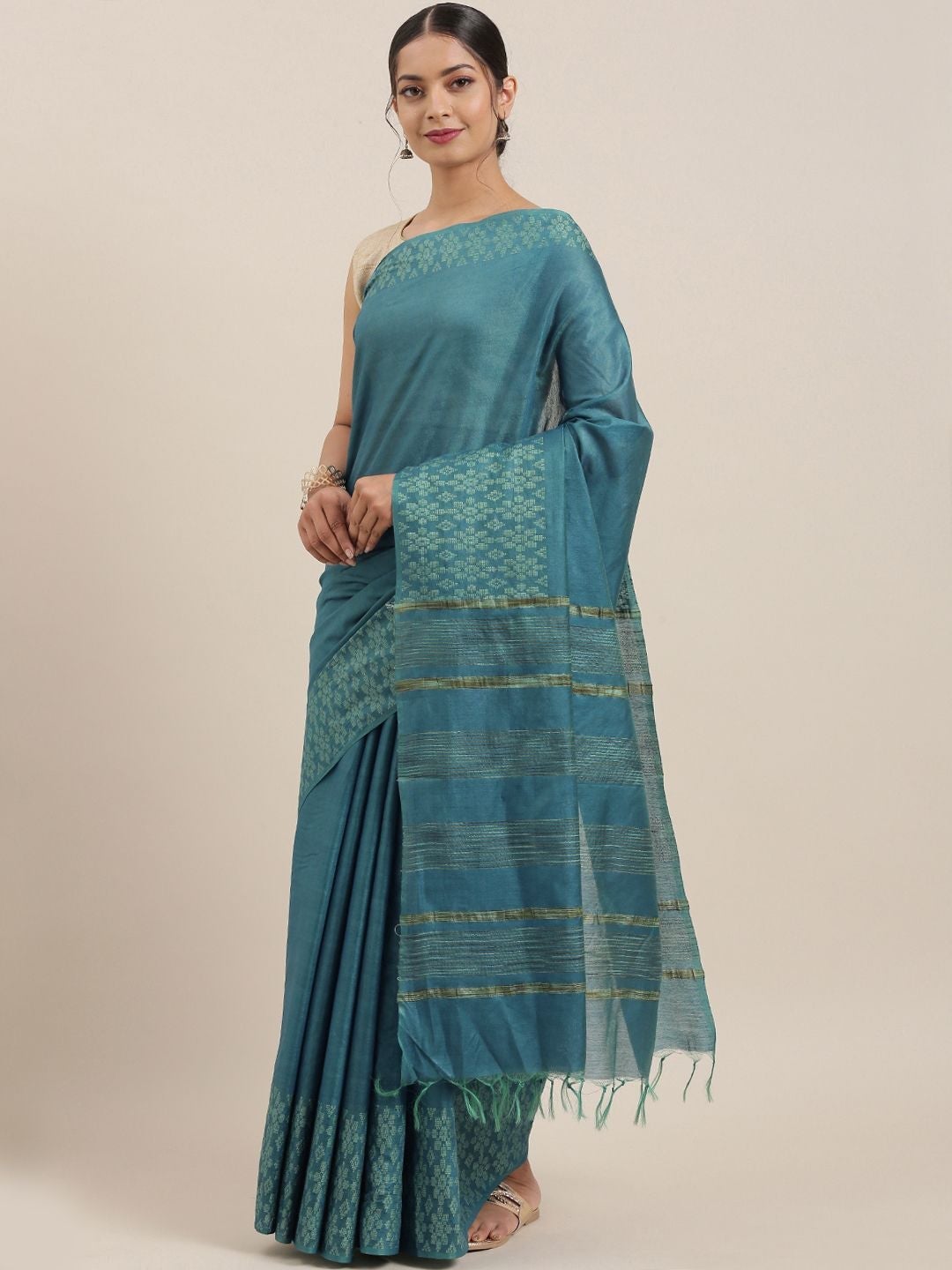 Women's Blue Art Silk Solid Handloom Muga Saree - Olive Mist