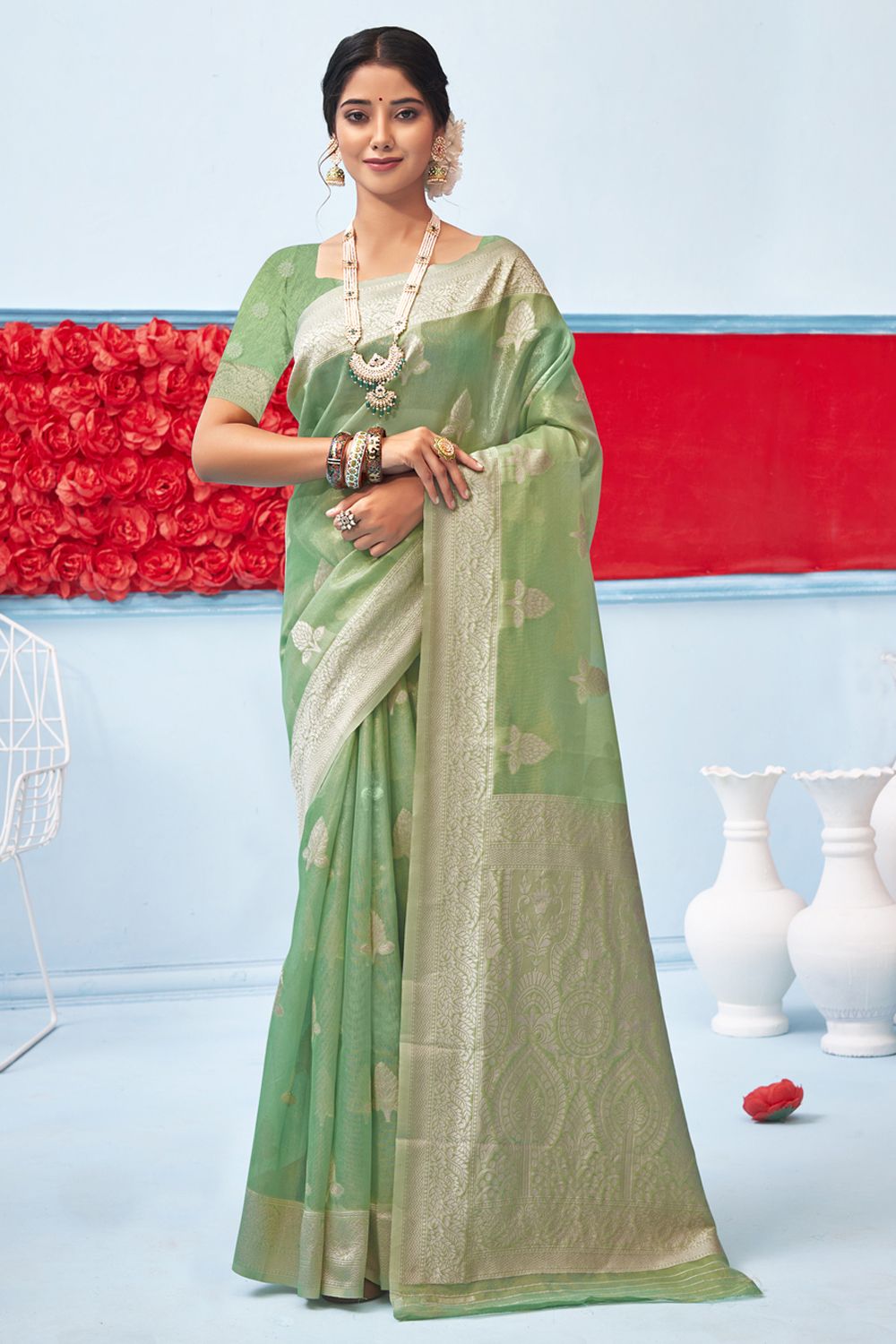 Women's Rama Green Cotton Woven Zari Work Traditional Saree - Sangam Prints