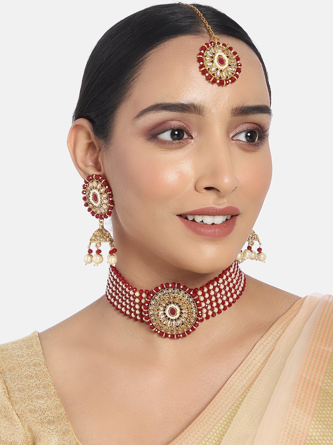 Women's Gold Plated Maroon Onyx Crystal Beads with Peal Kundan Choker Necklace Set - i jewels